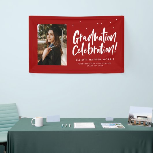Afstuderen viering rood handbeletterd afstuderen spandoek (Beurs)