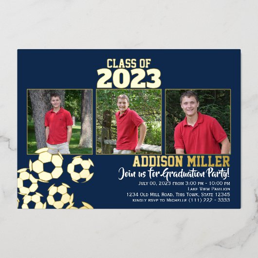 Afstuderen Voetbal Tri-foto met kleurenkeuze Folie Uitnodiging (Voorkant)