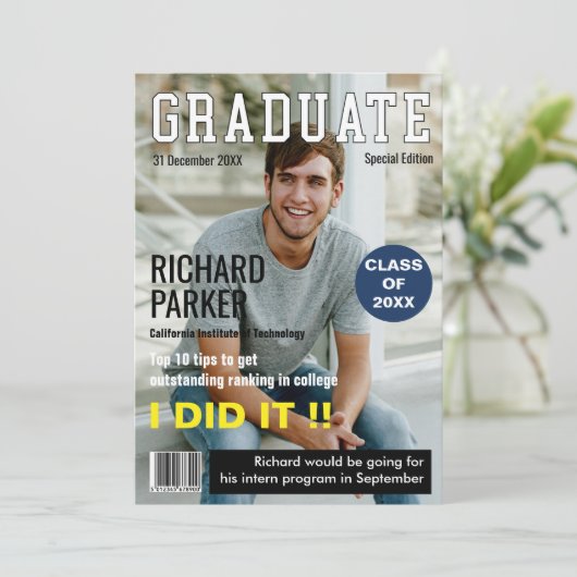 Afstuderen voor aangepaste tijdschriften bedankkaart (Staand voorkant)