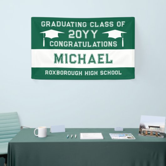 Afstuderen voor groene en witte schoolkleuren spandoek (Beurs)