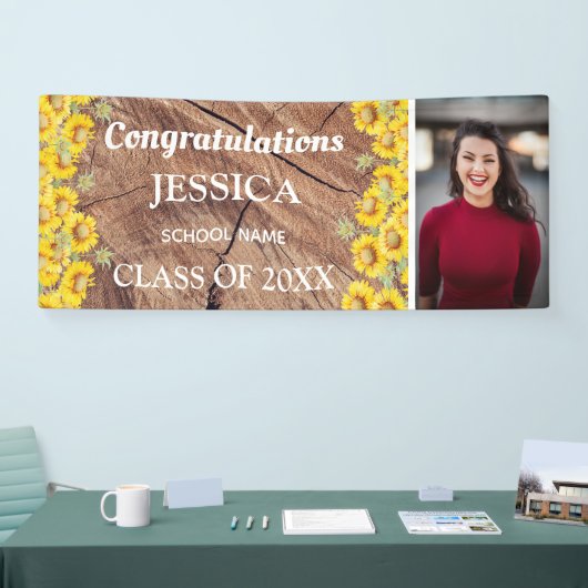 Afstuderen voor soonbloemen en houtextuur spandoek (Beurs)