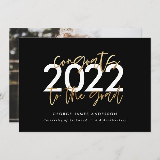 Afstuderen voor zwarte en goudmoderne scriptfoto's kaart (Voorkant / Achterkant)