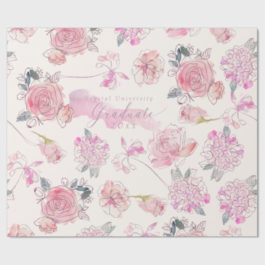 Afstuderen Waterverf Blush floral Roos Monogram Cadeaupapier (Vlak)