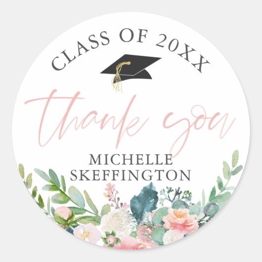Afstuderen Waterverf Blush Pink Floral Hartelijk d Ronde Sticker (Voorkant)