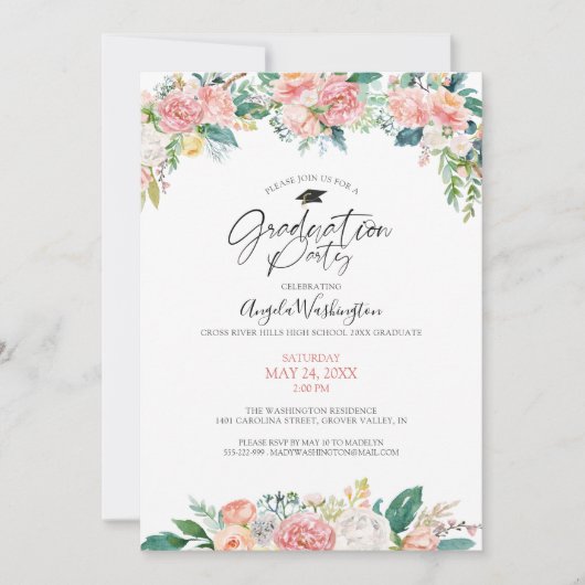 Afstuderen Waterverf Blush Pink Floral Script Kaart (Voorkant)