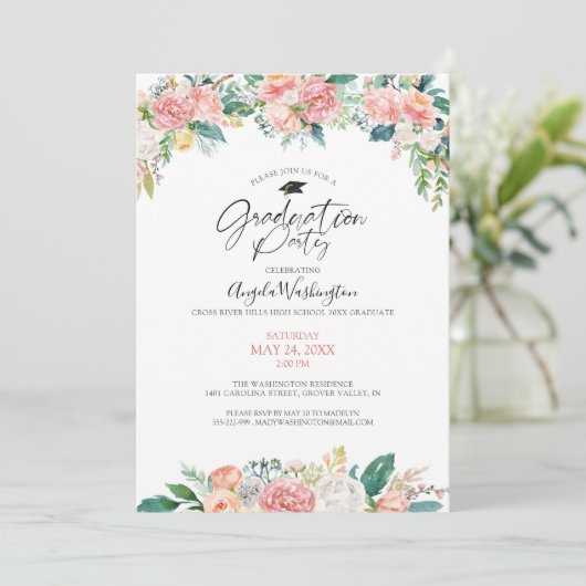 Afstuderen Waterverf Blush Pink Floral Script Kaart (Staand voorkant)