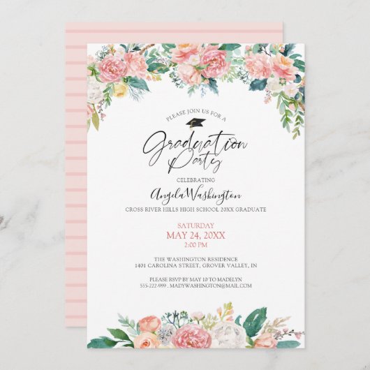 Afstuderen Waterverf Blush Pink Floral Script Kaart (Voorkant / Achterkant)