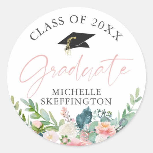 Afstuderen Waterverf Blush Roze Bloemen Klasse van Ronde Sticker (Voorkant)