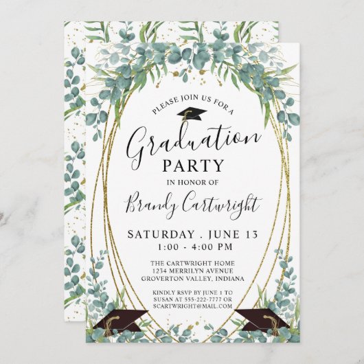 Afstuderen Waterverf Eucalyptus Script Gold Lijst Kaart (Voorkant / Achterkant)