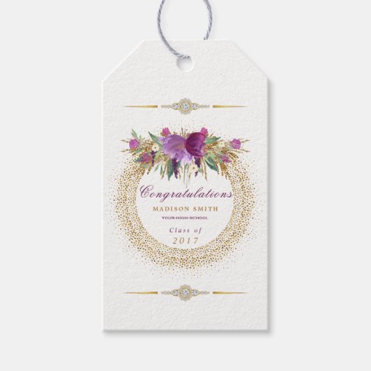 Afstuderen Waterverf Glitter Flower Gold Confetti Cadeaulabel (Voorkant)