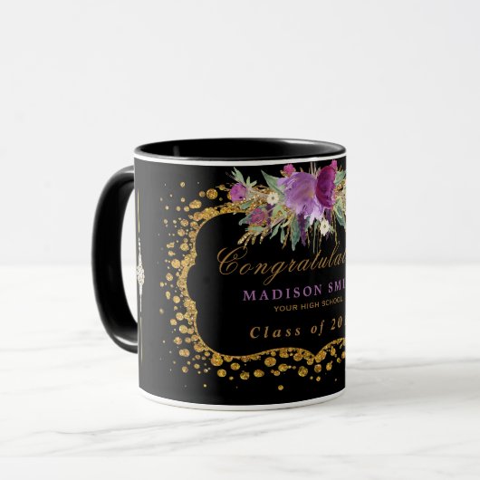 Afstuderen Waterverf Glitter Flower Gold Confetti Mok (Voorkant links)