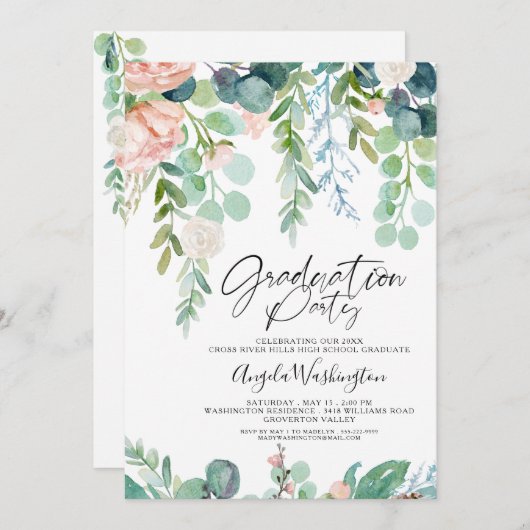 Afstuderen Waterverf Greenery Chic Script Party Aankondiging (Voorkant / Achterkant)