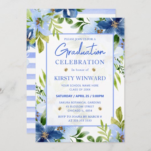 Afstuderen waterverf marine & Baby Blue Flowers Kaart (Voorkant / Achterkant)