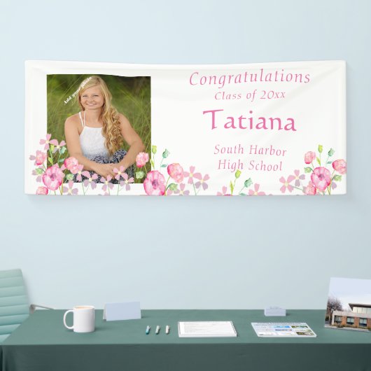 Afstuderen, Waterverf, Roze Bloem, Aangepaste Foto Spandoek (Beurs)