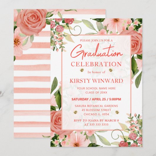 Afstuderen waterverf Roze en rode rozen Kaart (Voorkant / Achterkant)