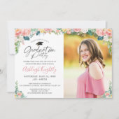 Afstuderen Waterverf Roze Floral Script Invitation Kaart (Voorkant)