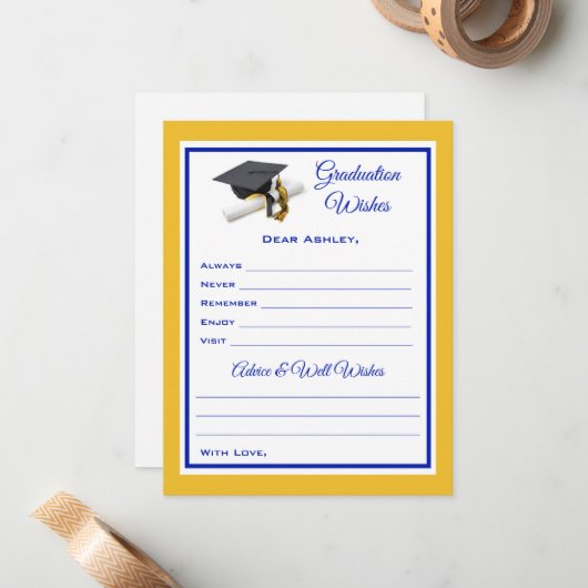 Afstuderen wensen en advies | Blauw en geel Notitiekaartje (Voorkant / Achterkant in situ)