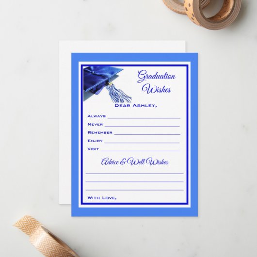 Afstuderen wensen en advies | Blauw en wit Notitiekaartje (Voorkant / Achterkant in situ)