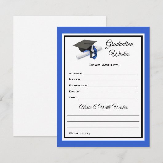 Afstuderen wensen en advies | Zwart-blauw Notitiekaartje (Voorkant / Achterkant)