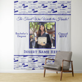 Afstuderen Wensen Pet Diploma Foto Blauw Achtergro Wandkleed