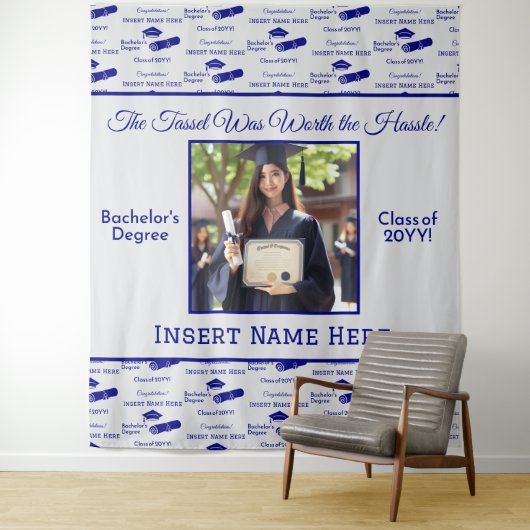 Afstuderen Wensen Pet Diploma Foto Blauw Achtergro Wandkleed (In situ)