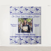 Afstuderen Wensen Pet Diploma Foto Blauw Achtergro Wandkleed (Voorkant)