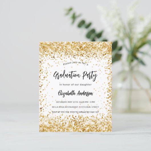 Afstuderen wit goud glitter budget uitnodiging (Staand voorkant)