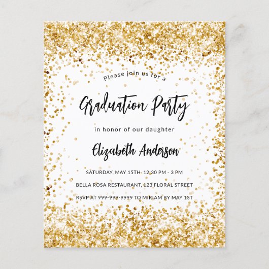 Afstuderen wit goud glitter budget uitnodiging flyer (Voorkant)