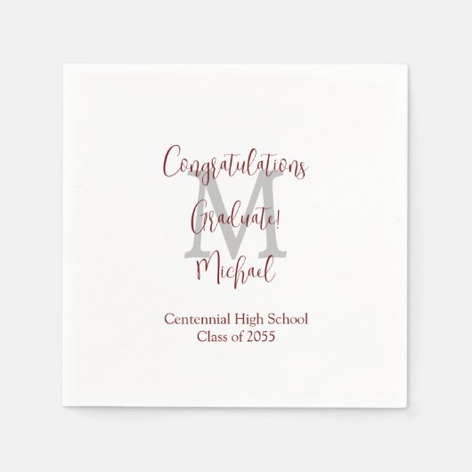 Afstuderen Wit Grijs Bourgogne Naam Monogram Servet (Voorkant)