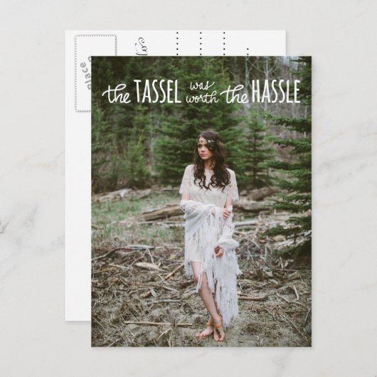 Afstuderen wit Schattige script | De datumfoto ops Aankondigingskaart (Voorkant / Achterkant)