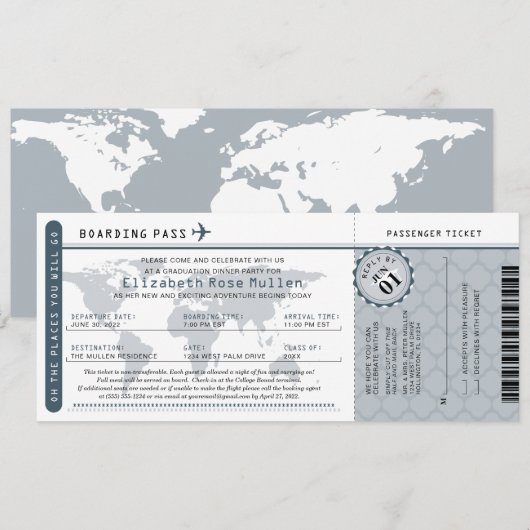 Afstuderen World Traveler Boarding Pass Invitation Kaart (Voorkant / Achterkant)