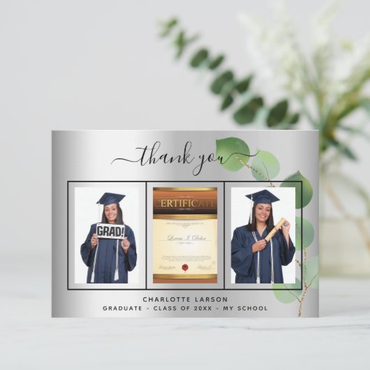 Afstuderen zilver afstuderen eucalyptus bedankkaart (Staand voorkant)