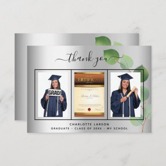 Afstuderen zilver afstuderen eucalyptus bedankkaart (Voorkant / Achterkant)