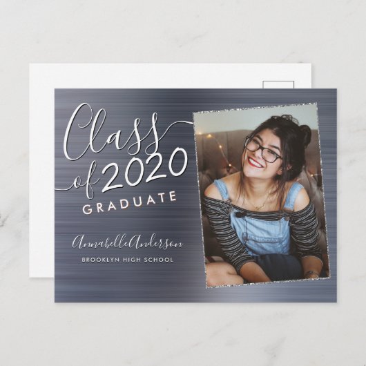 Afstuderen Zilver geborsteld Metaal Afstuderen van Aankondigingskaart (Voorkant / Achterkant)