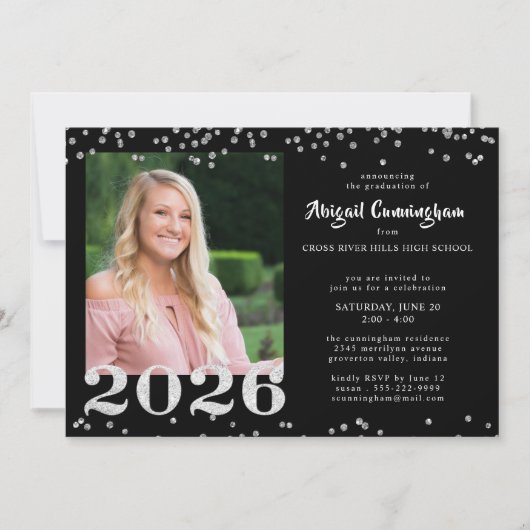 Afstuderen Zilver Glitter Confetti Zwart Kaart (Voorkant)