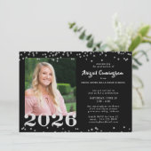 Afstuderen Zilver Glitter Confetti Zwart Kaart (Staand voorkant)