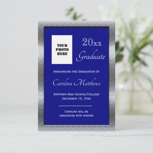 Afstuderen Zilver Metaal Lijst Blauw Afstuderen Aankondiging (Staand voorkant)
