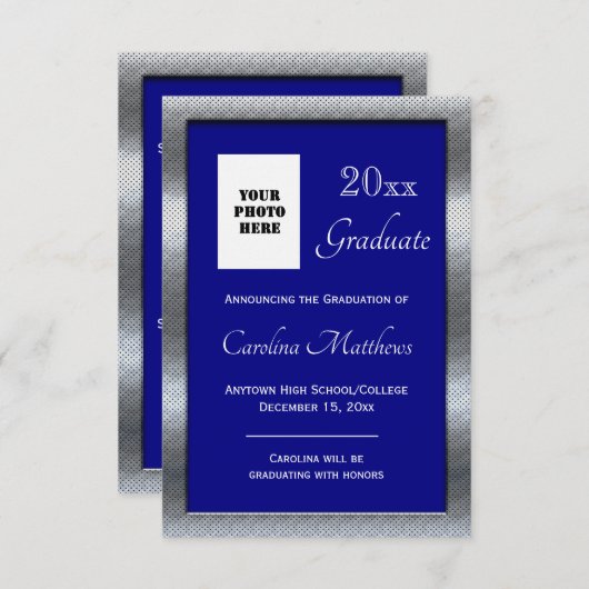 Afstuderen Zilver Metaal Lijst Blauw Afstuderen Aankondiging (Voorkant / Achterkant)
