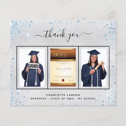 Afstuderen zilverblauwe foto bedankkaart (Voorkant)