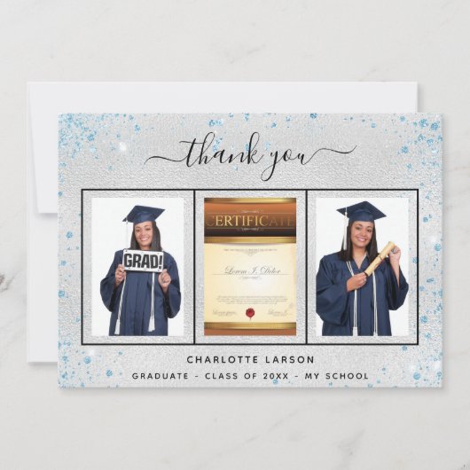 Afstuderen zilverblauwe foto bedankkaart (Voorkant)