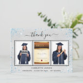 Afstuderen zilverblauwe foto bedankkaart (Staand voorkant)