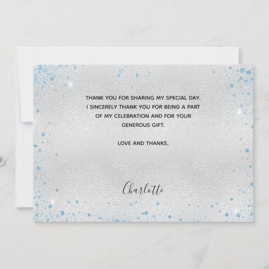 Afstuderen zilverblauwe foto bedankkaart (Achterkant)