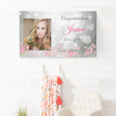 Afstuderen Zilveren Bokeh, Roze Bloemen, Custom Spandoek (Insitu)