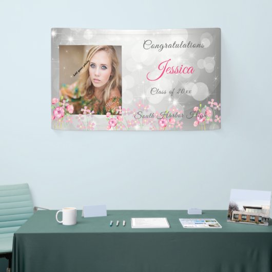 Afstuderen Zilveren Bokeh, Roze Bloemen, Custom Spandoek (Beurs)