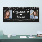 Afstuderen Zilveren Confetti Script Foto Zwart Spandoek (Beurs)