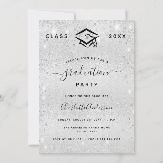 Afstuderen zilveren glitter modern elegant 2024 kaart (Voorkant)