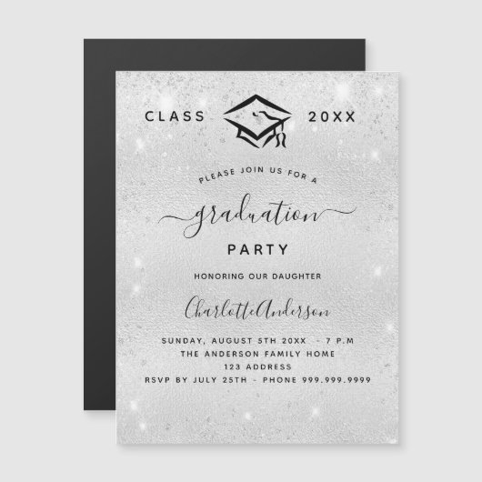 Afstuderen zilveren glitter moderne luxe magnetische uitnodiging (Voorkant / Achterkant)