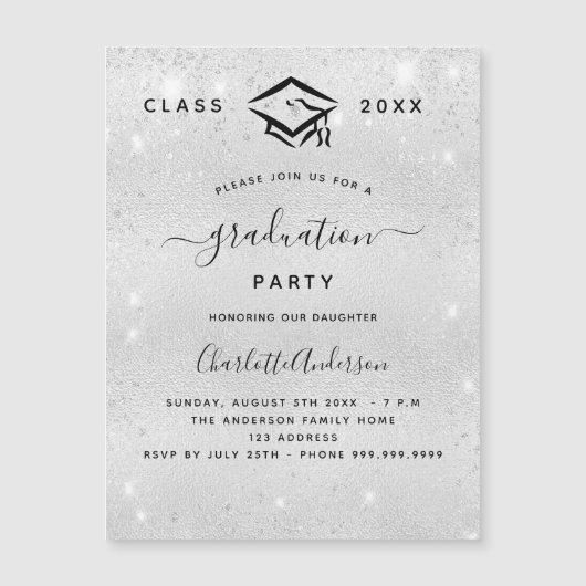 Afstuderen zilveren glitter moderne luxe magnetische uitnodiging (Voorkant)