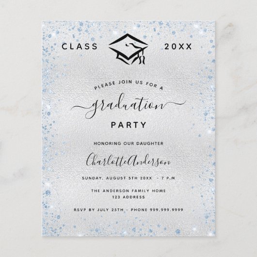 Afstuderen zilveren lichtblauwe uitnodiging (Voorkant)