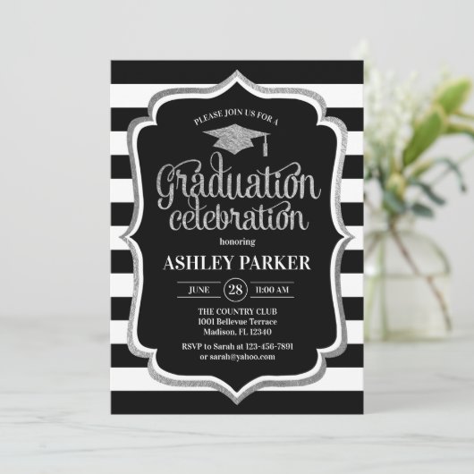 Afstuderen - Zilveren zwarte witte strepen Kaart (Staand voorkant)